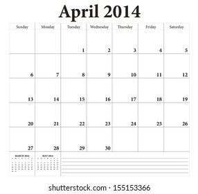 April 2014 -planning calendar. Weeks start on Sunday.