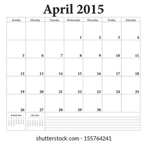 April 2015 -planning calendar. Weeks start on Sunday.