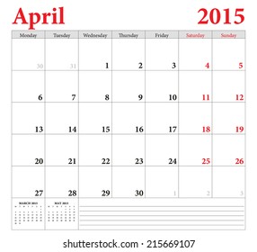April 2015 -planning calendar. Weeks start on Monday.