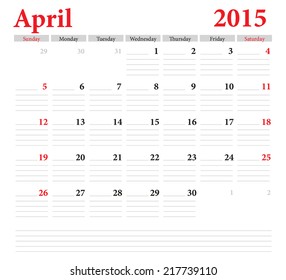 April 2015 -planning calendar. Weeks start on Sunday.