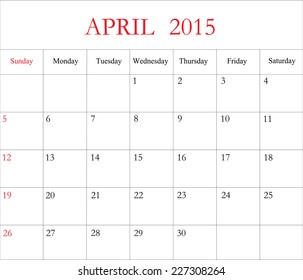 April 2015 -planning calendar. weeks start on sunday. vector design template .