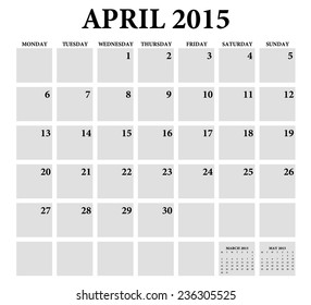 April 2015 -planning calendar. Weeks start on Monday.