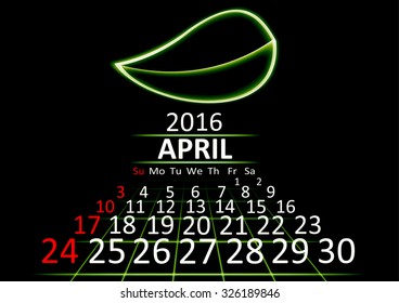 April 2016 calendar dark technology 3d style abstract background. Vector Illustration.