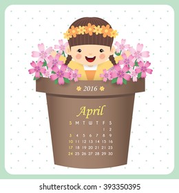 April / 2016 Calendar / Little cute girl and a pot of beautiful spring flowers / Spring vector illustration.