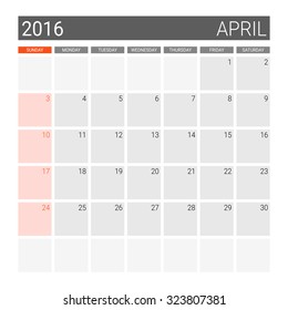 April 2016 calendar (or desk planner), weeks start from Sunday