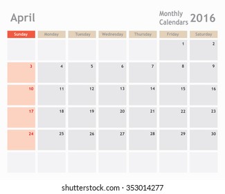 April 2016 calendar planner, monthly calender, vector illustrator