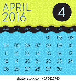 April : 2016 Calendar Template with Colorful Wavy Elements : Vector Illustration