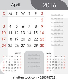 April 2016 Calendar - week starts with Sunday, vector illustration.