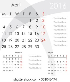April 2016 Calendar - week starts with Monday, vector illustration.