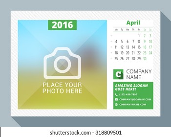 April 2016. Desk Calendar for 2016 Year. Vector Design Print Template with Place for Photo, Logo and Contact Information. Week Starts Monday. Calendar Grid with Week Numbers