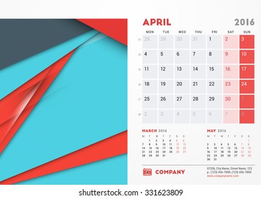 April 2016. Desk Calendar for 2016 Year. Vector Stationery Design Template with Material Design Abstract Background, Company Logo and Contact Information. Week Starts Monday