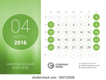 April 2016. Desk Calendar for 2016 Year. Vector Design Print Template with Place for Photo and Circles. Week Starts Sunday. Calendar Grid with Week Numbers