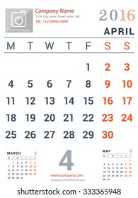 April 2016. Desk and Wall Monthly Calendar for 2016 Year. Vector Design Print Template with Place for Photo logo and description company. Week Starts Monday. Portrait Orientation
