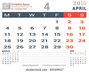 April 2016. Desk and Wall Monthly Calendar for 2016 Year. Vector Design Print Template with Place for Photo logo and description company. Week Starts Monday. Portrait Orientation
