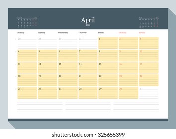 April 2016. Monthly Calendar Planner for 2016 Year. Vector Design Print Template. Week Starts Monday