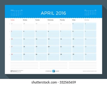 April 2016. Monthly Calendar Planner for 2016 Year. Vector Design Print Template. Week Starts Sunday