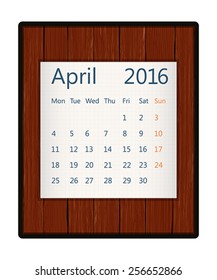 April 2016 paper calendar on wood