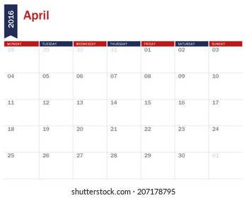 April 2016 - planning calendar 