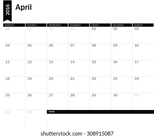 April 2016 - planning calendar 