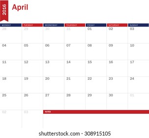 April 2016 - planning calendar 