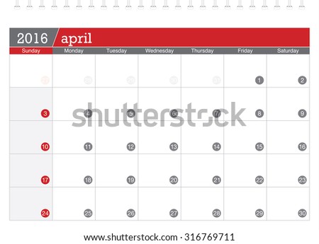 April 2016 planning calendar