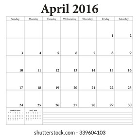 April 2016 -planning calendar. Weeks start on Sunday.