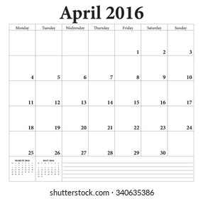 April 2016 -planning calendar. Weeks start on Monday.