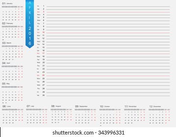 April 2016 planning calendar.Vector illustration.
