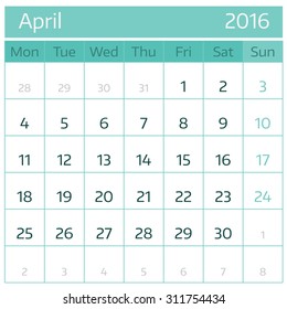 April 2016. Simple european calendar for 2016 year one month grid. Vector illustration.