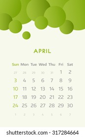 April 2016. Simple european calendar for 2016 year one month grid. Vector illustration.