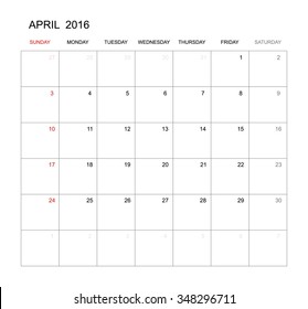 April 2016 Vector Calendar Template Design Stock Vector (Royalty Free ...