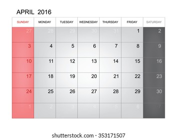 April 2016 - Vector calendar template design for planning. Week start from Sunday.
