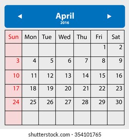 April 2016 - Vector calendar template design for planning. Week start from Sunday.