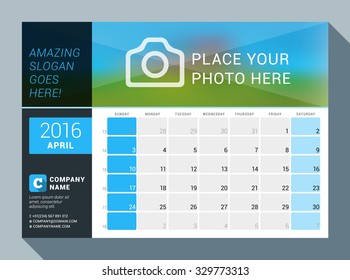 April 2016. Vector Design Print Calendar Template for 2016 Year. Place for Photo, Logo and Contact Information. Week Starts Sunday. Calendar Grid with Week Numbers and Place for Notes
