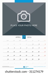 April 2016. Wall Monthly Calendar for 2016 Year. Vector Design Print Template with Place for Photo. Week Starts Monday. Portrait Orientation