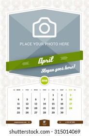 April 2016. Wall Monthly Calendar for 2016 Year. Vector Design Print Template with Place for Photo and Pattern Background. Week Starts Monday