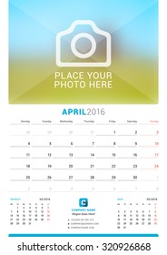 April 2016. Wall Monthly Calendar for 2016 Year. Vector Design Print Template with Place for Photo. Week Starts Monday. 3 Months on Page