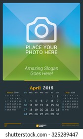 April 2016. Wall Monthly Calendar for 2016 Year. Vector Design Print Template with Place for Photo. Dark Background. Week Starts Sunday. 3 Months on Page