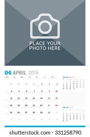 April 2016. Wall Monthly Calendar for 2016 Year. Vector Design Print Template with Place for Photo and Place for Notes. 3 Months on Page. Week Starts Monday