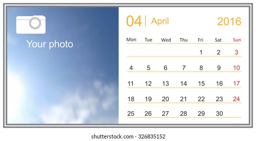 April 2016.Calendar for April 2016.Vector template.