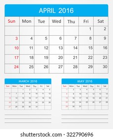 April 2016.Planning calendar for april 2016.Vector illustration.