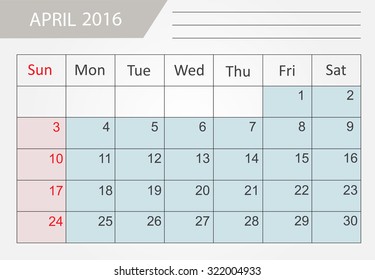 April 2016.Planning calendar for april 2016.Vector template.