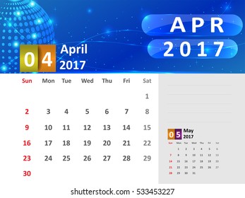 April 2017 Calendar, Abstract Dotted Globe with Blue Shining Glitter. Vector Illustration.