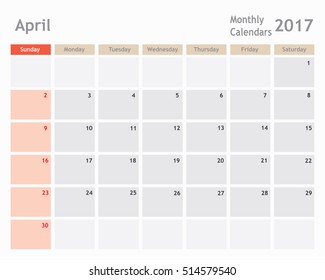 April 2017 calendar planner, monthly calendar, vector illustrator