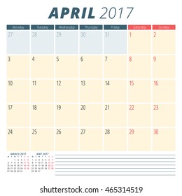 April 2017. Calendar Planner for 2017 Year. Week Starts Monday. Stationery Design. Vector Calendar Template