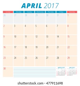 April 2017. Calendar Planner for 2017 Year. Week Starts Sunday. Stationery Design. 3 Months on Page. Vector Calendar Template