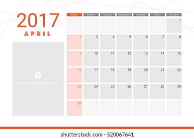 April 2017 calendar with space for picture