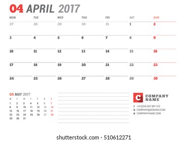 April 2017. Calendar Template for 2017 Year. Stationery Design. Week starts Monday. Business Planner Template with Place for Company Logo and Contact Information. Vector Illustration