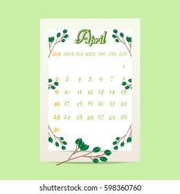 April 2017  calendar with tree branches on green background. Vector illustration