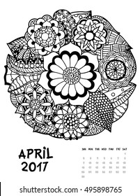 April 2017 calendar Zendoodle style, start on sunday, FSet of abstract flowers. Patterned zentangle, black and white. For Print anti-stress coloring books for different ages peoples. set #1
